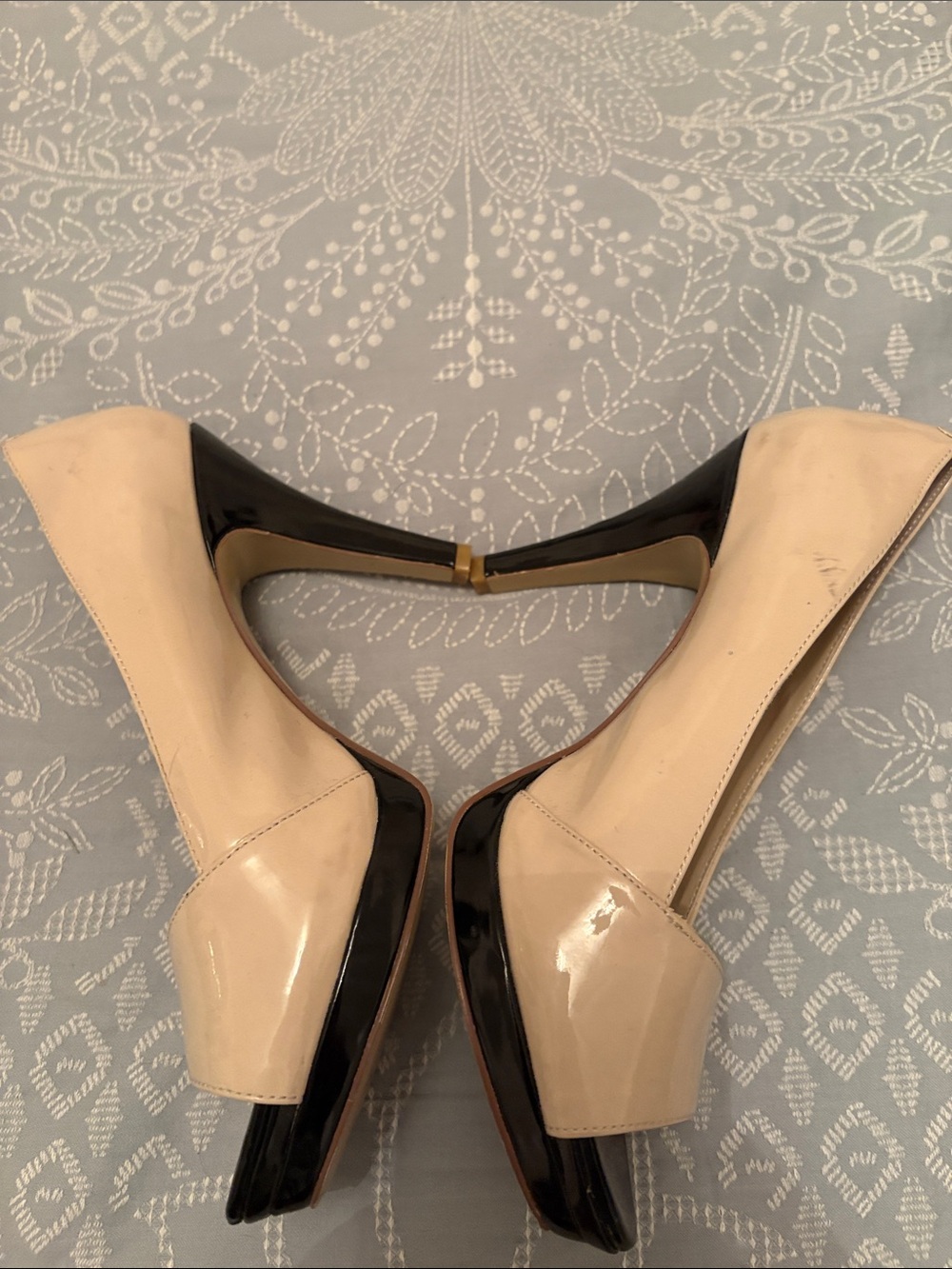 Nine West Nude with Black Accent Peep-Toe Patent Pumps